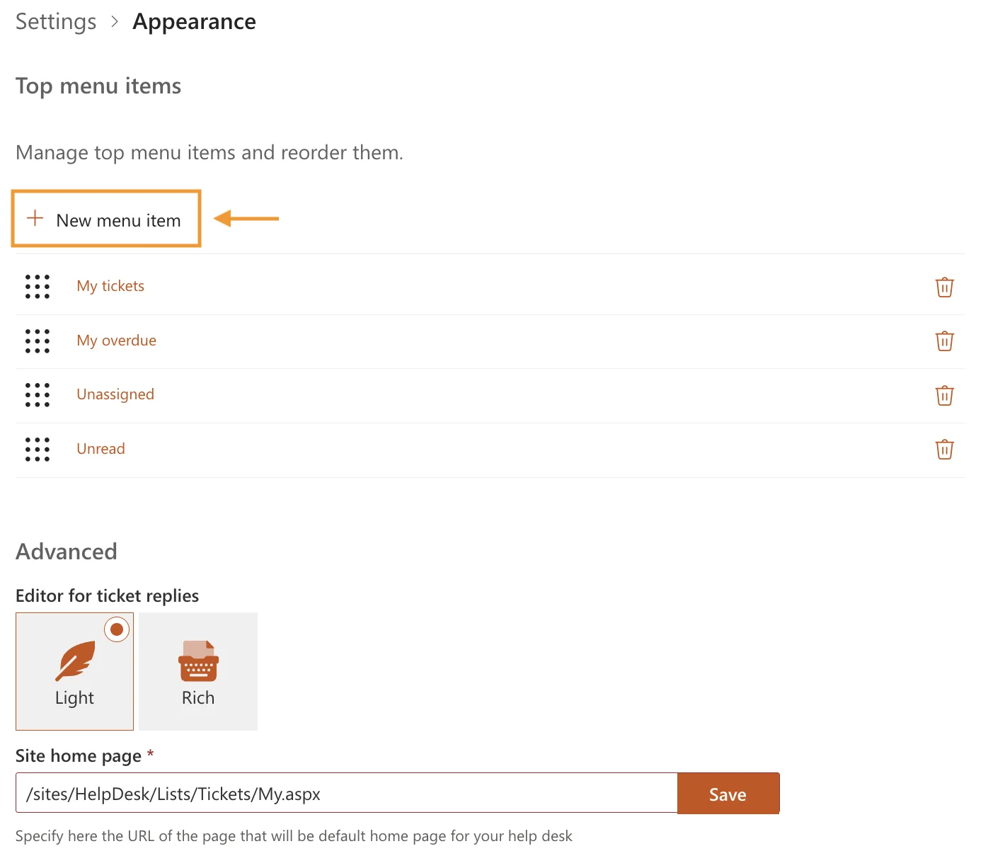 Creating a new top menu item