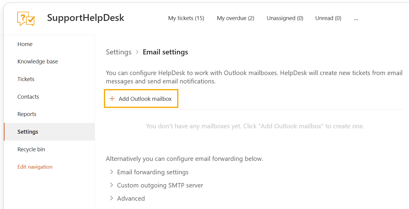 HelpDesk add Outlook mailbox