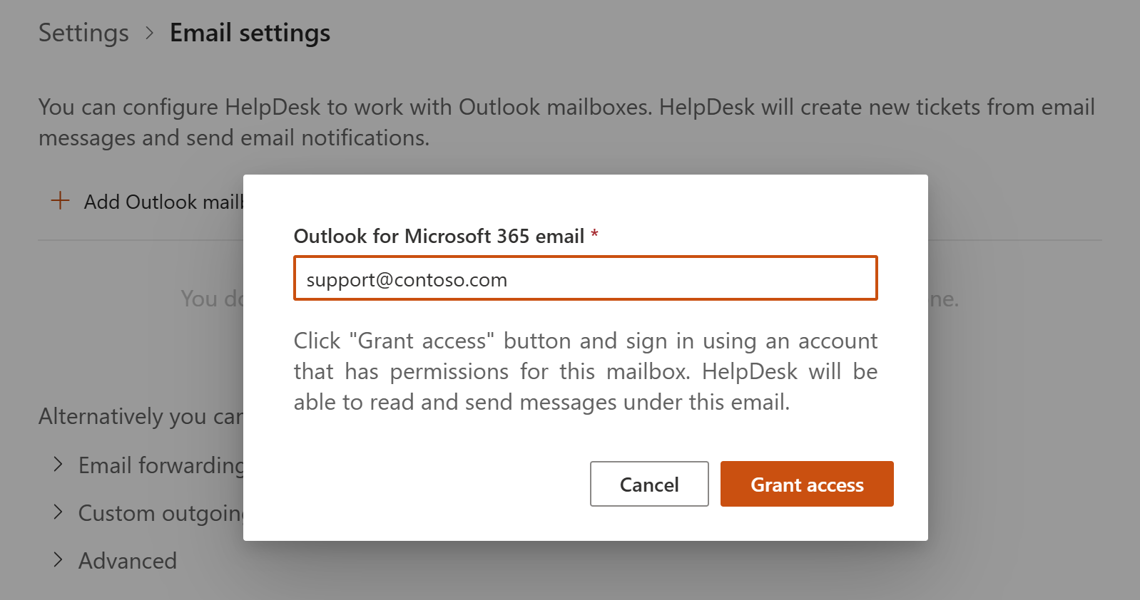 HelpDesk Outlook mailbox grant access