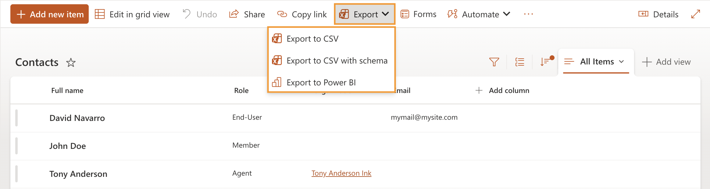 Export contacts