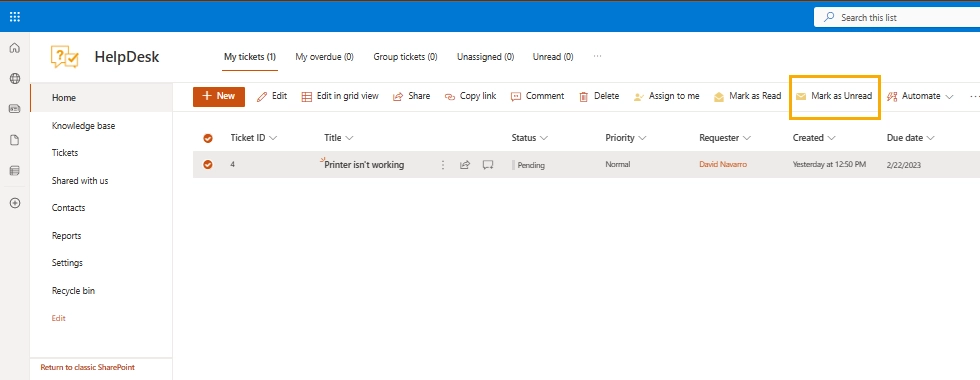 HelpDesk Unread button