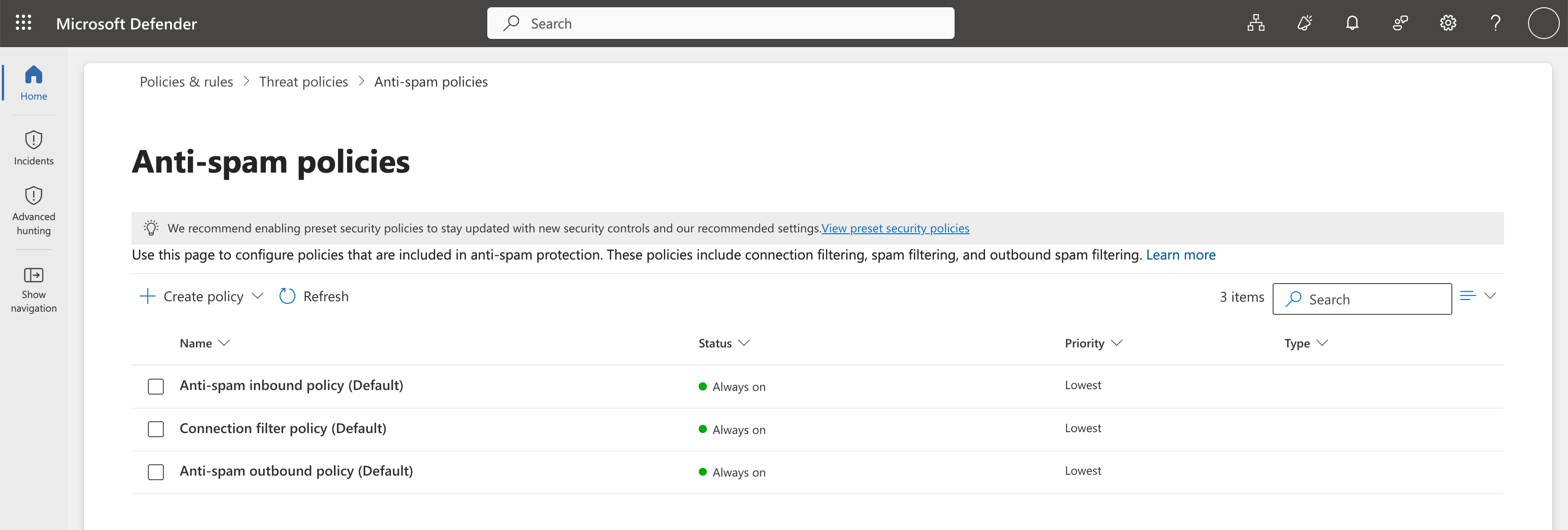 Microsoft 365 Anti-spam policies page