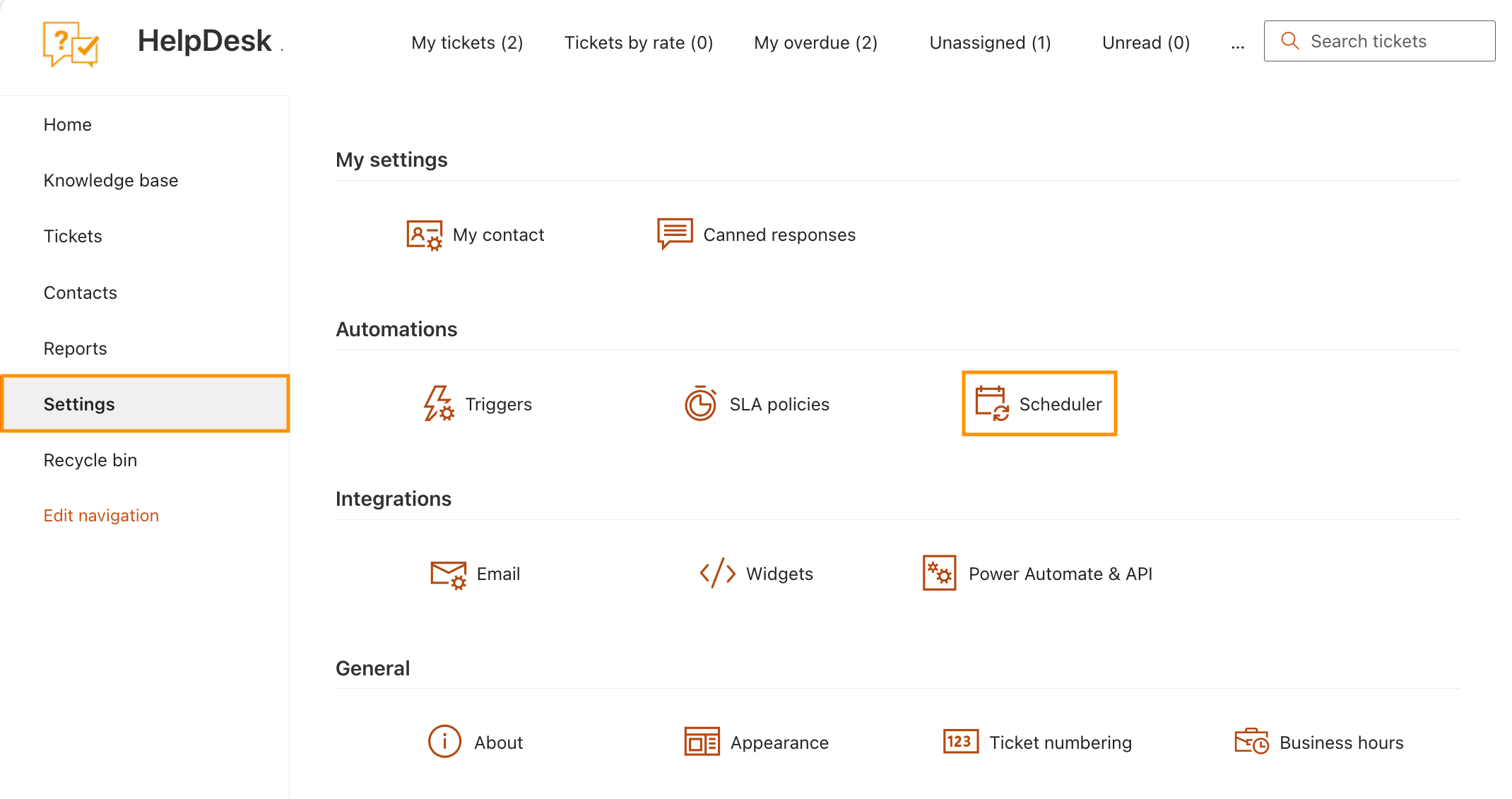 Settings navigation with the Scheduler tab selected