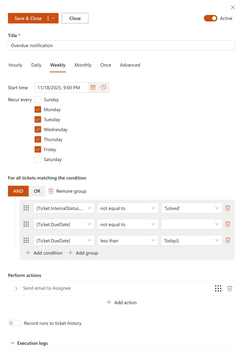 Scheduler task settings showing the task title, active status, and schedule