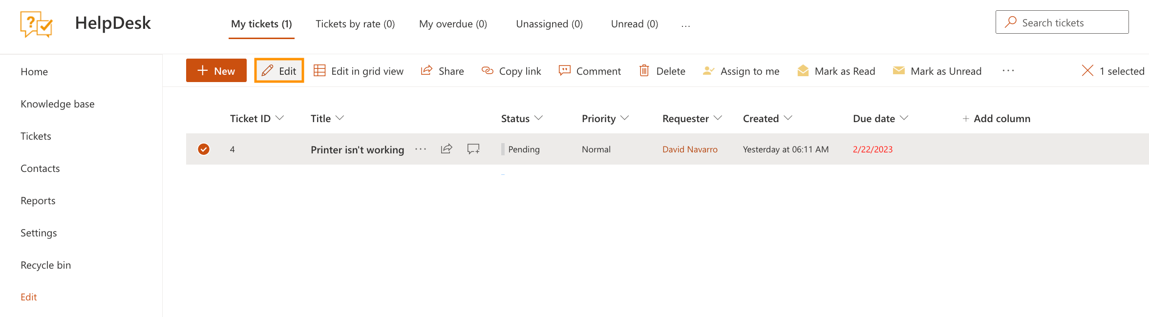 Ticket context menu with the edit option for opening a ticket in edit mode