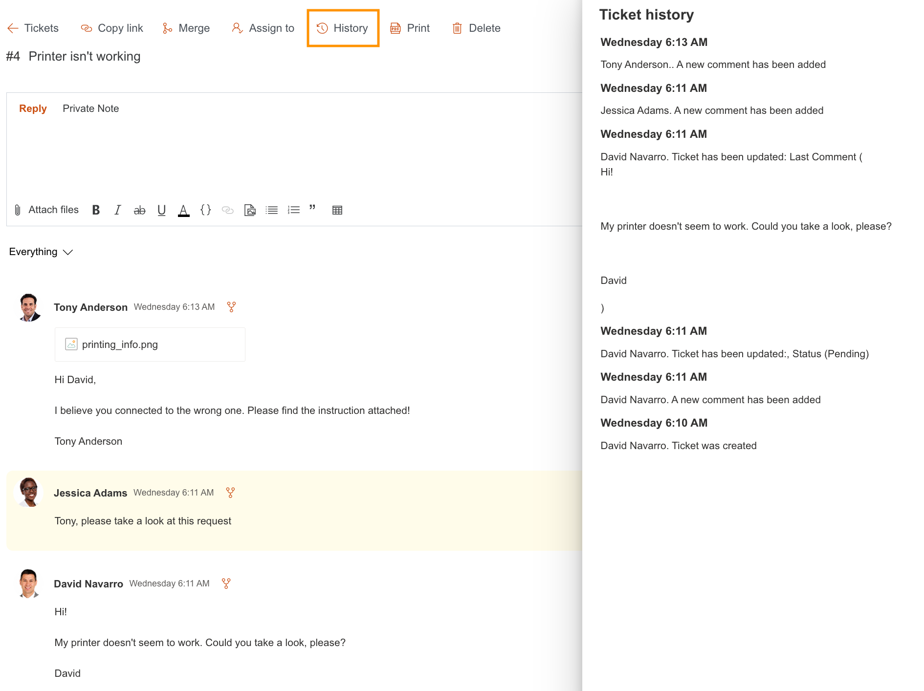 Ticket history tab showing changes made to the ticket