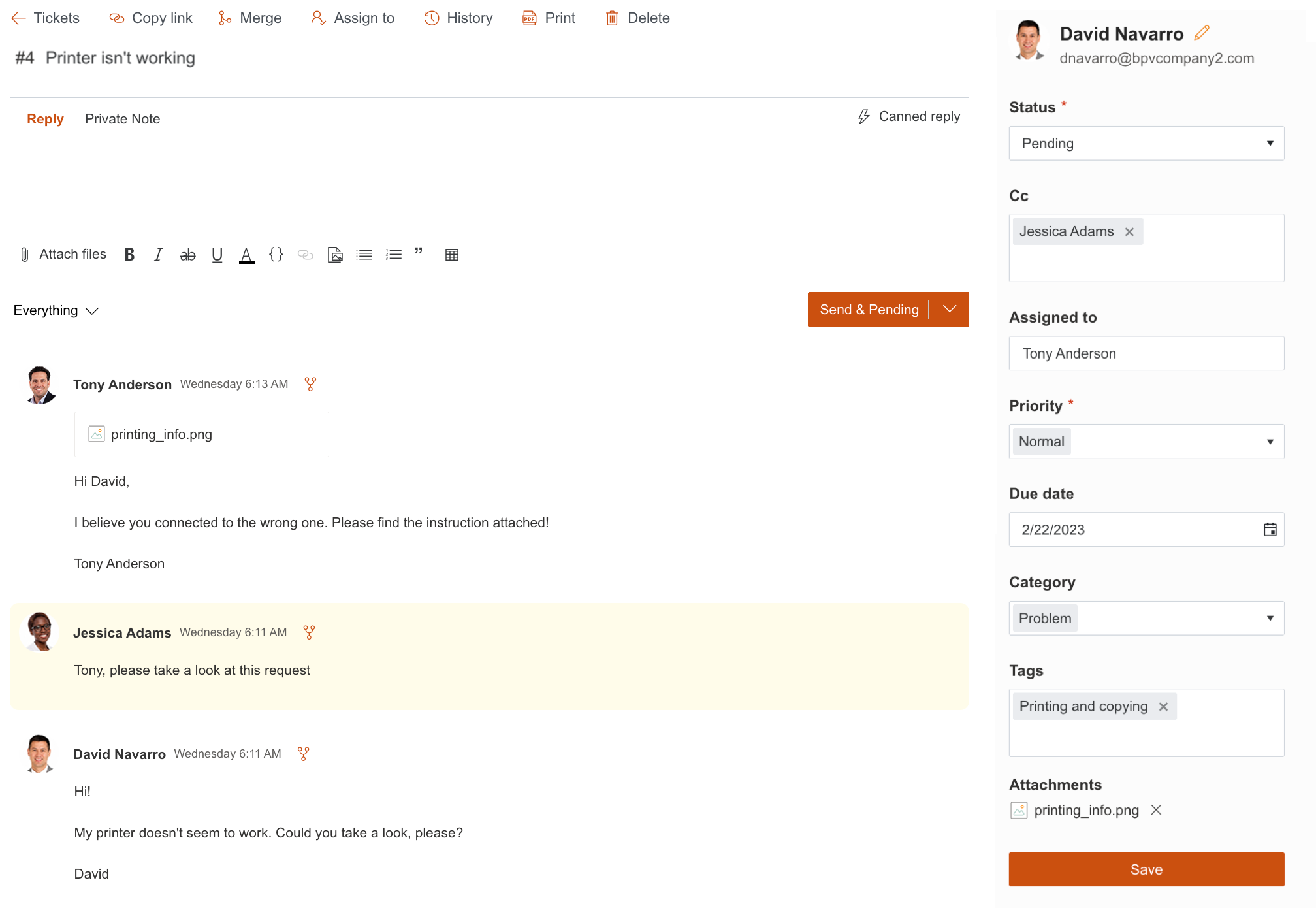 Ticket form showing conversation, ticket fields, editor window, and attachments