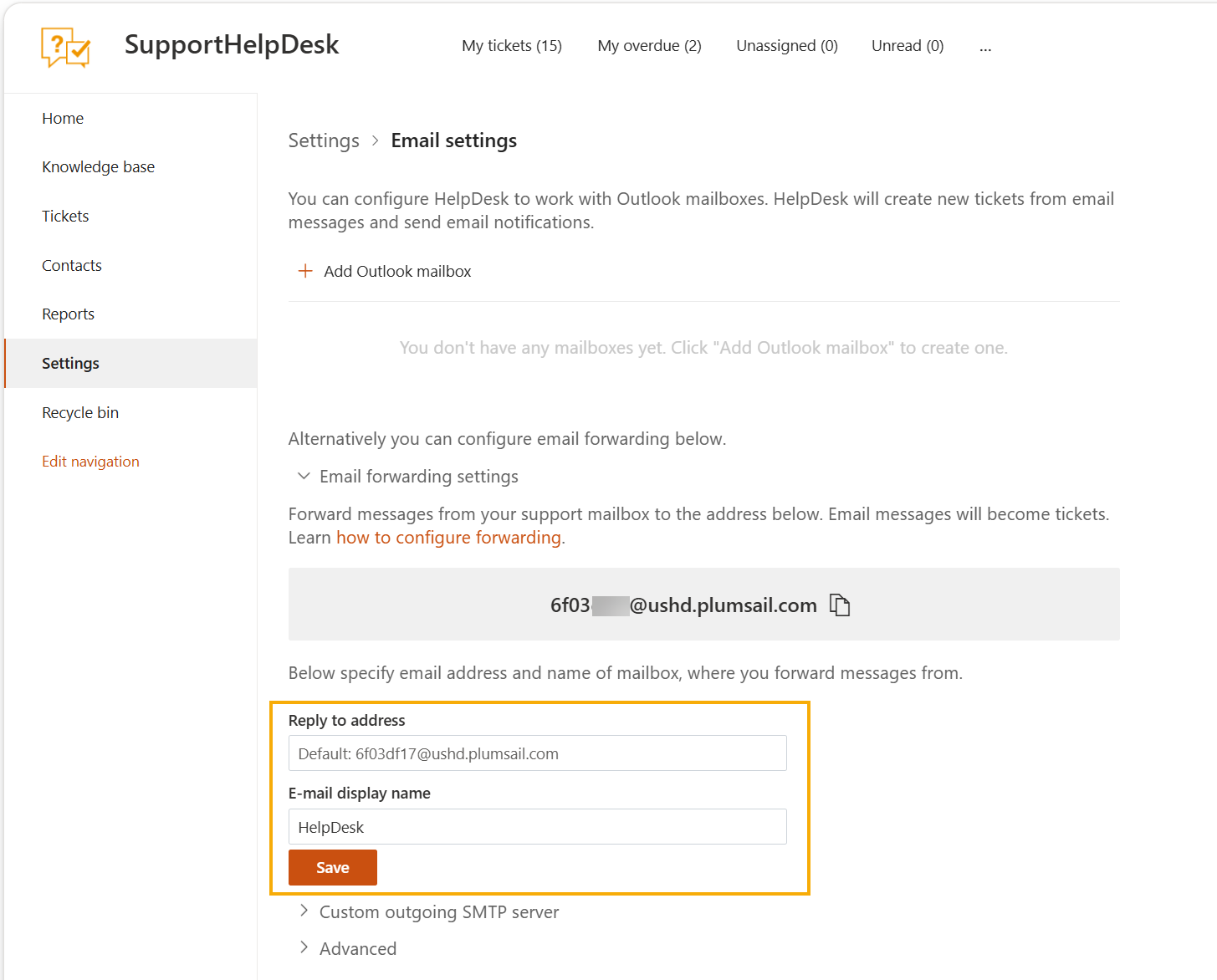 Email settings page with the Reply to address and E-mail display name fields highlighted
