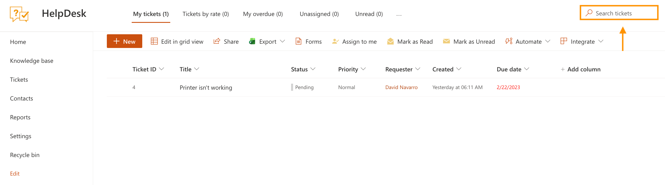 Search tickets field for finding a ticket by ID