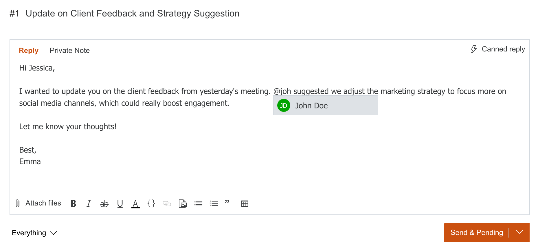 Mentions dropdown showing matching contacts after typing a name