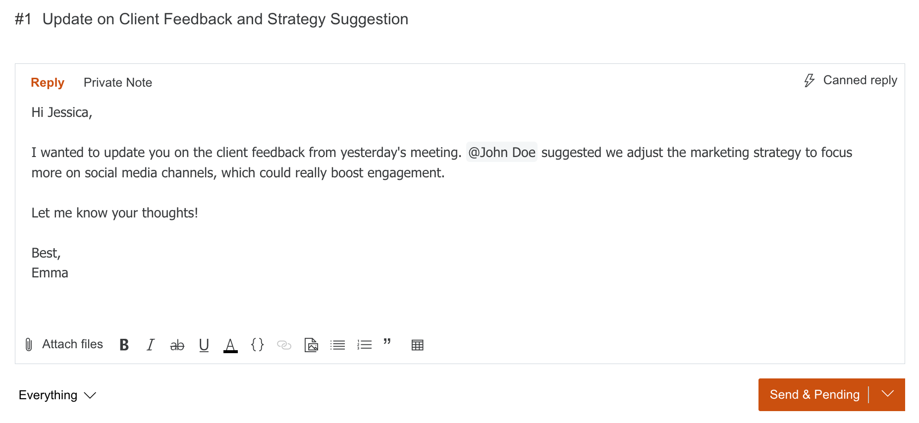 Mentioned contact selected in a ticket comment
