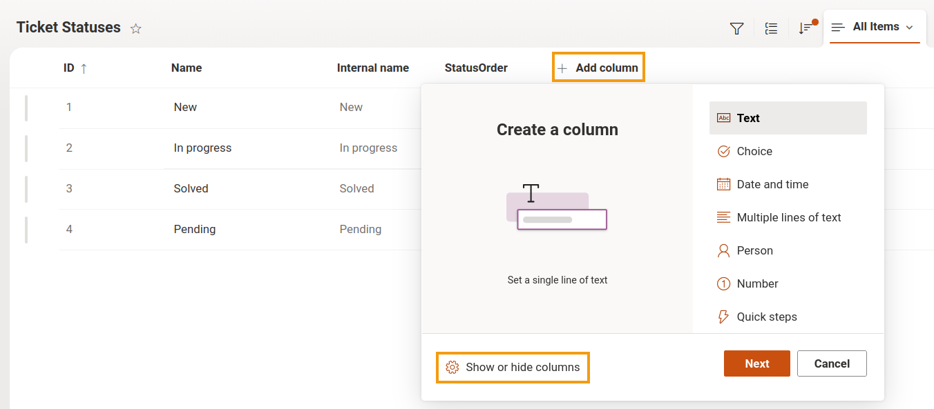 Show/Hide option with Ticket Statuses list in SharePoint