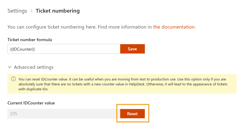 Ticket numbering settings page expanded