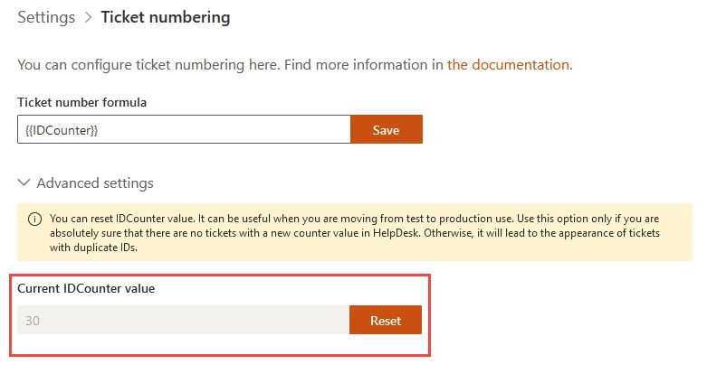 Ticket numbering settings page expanded