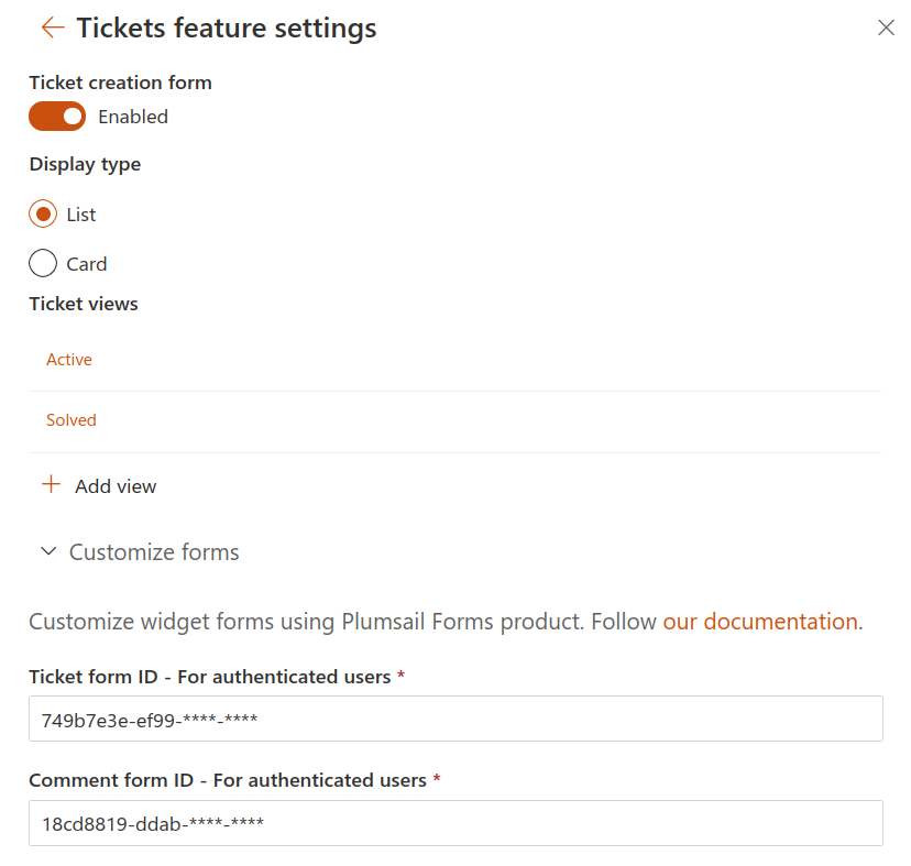 Tickets Feature Settings for a HelpDesk widget