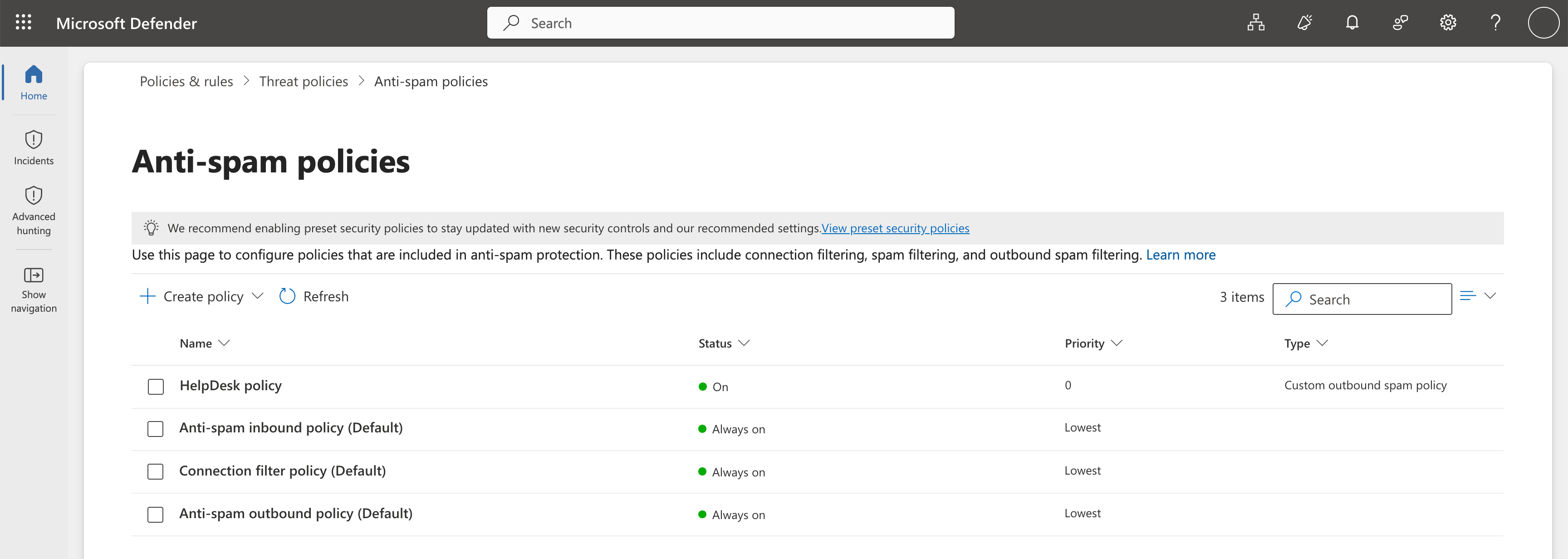 Microsoft 365 Anti-spam policies list showing the outbound policy with an On status