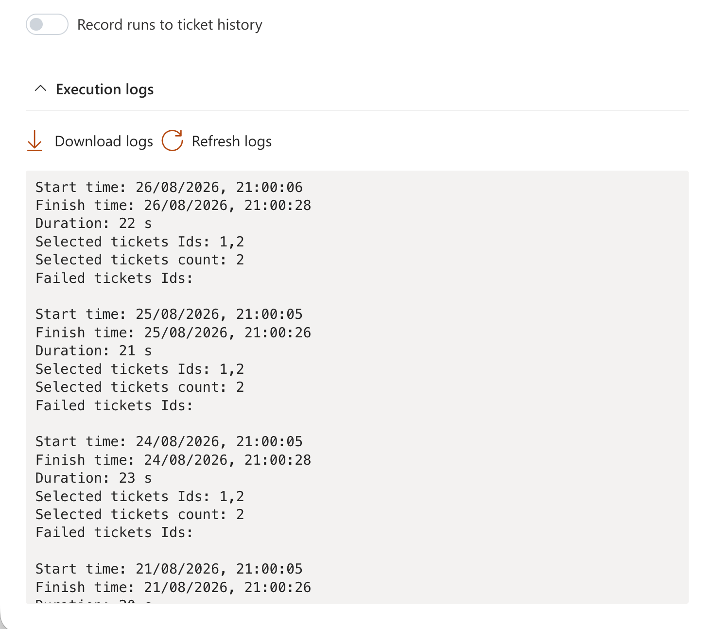 Scheduler execution logs showing task run results