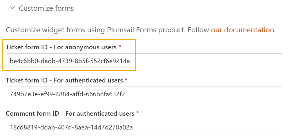 Widget External Site Form IDs