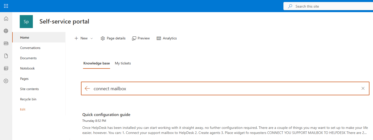 HelpDesk widget positioned on a SharePoint page showing the knowledge base