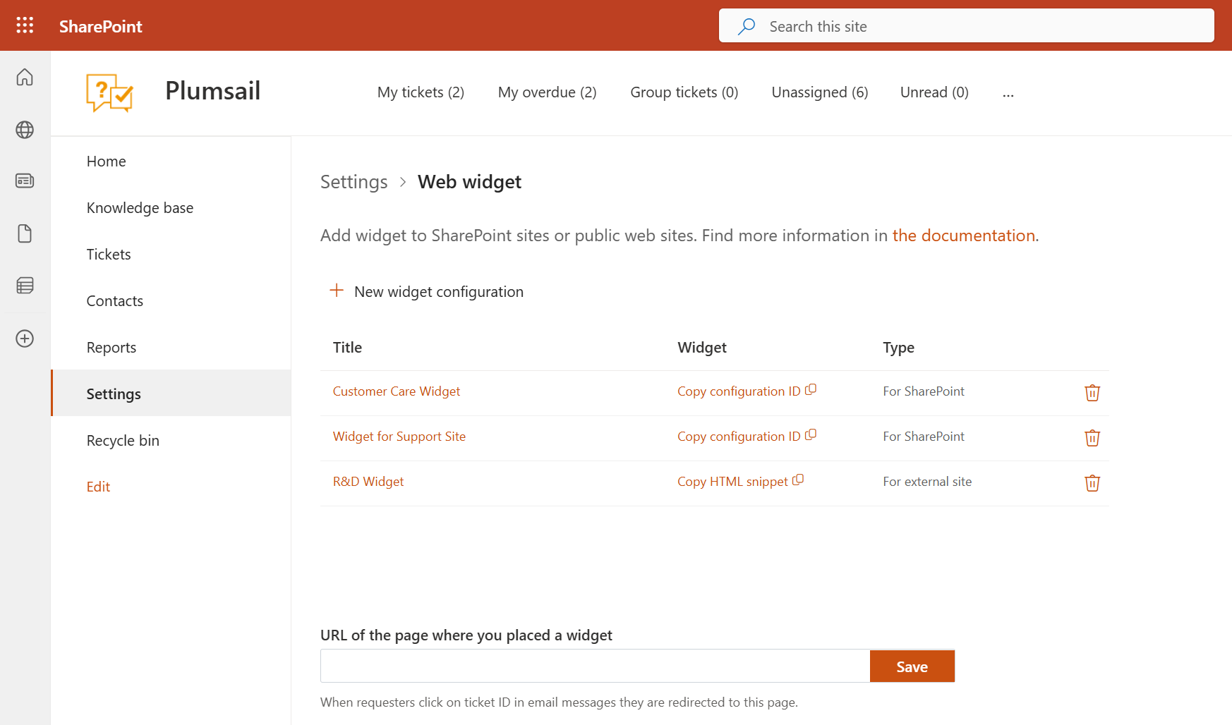 Widget settings page