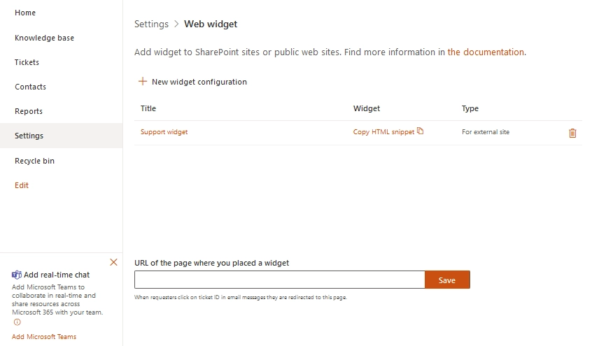 Widget settings page