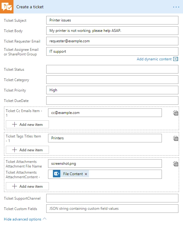 Create ticket example