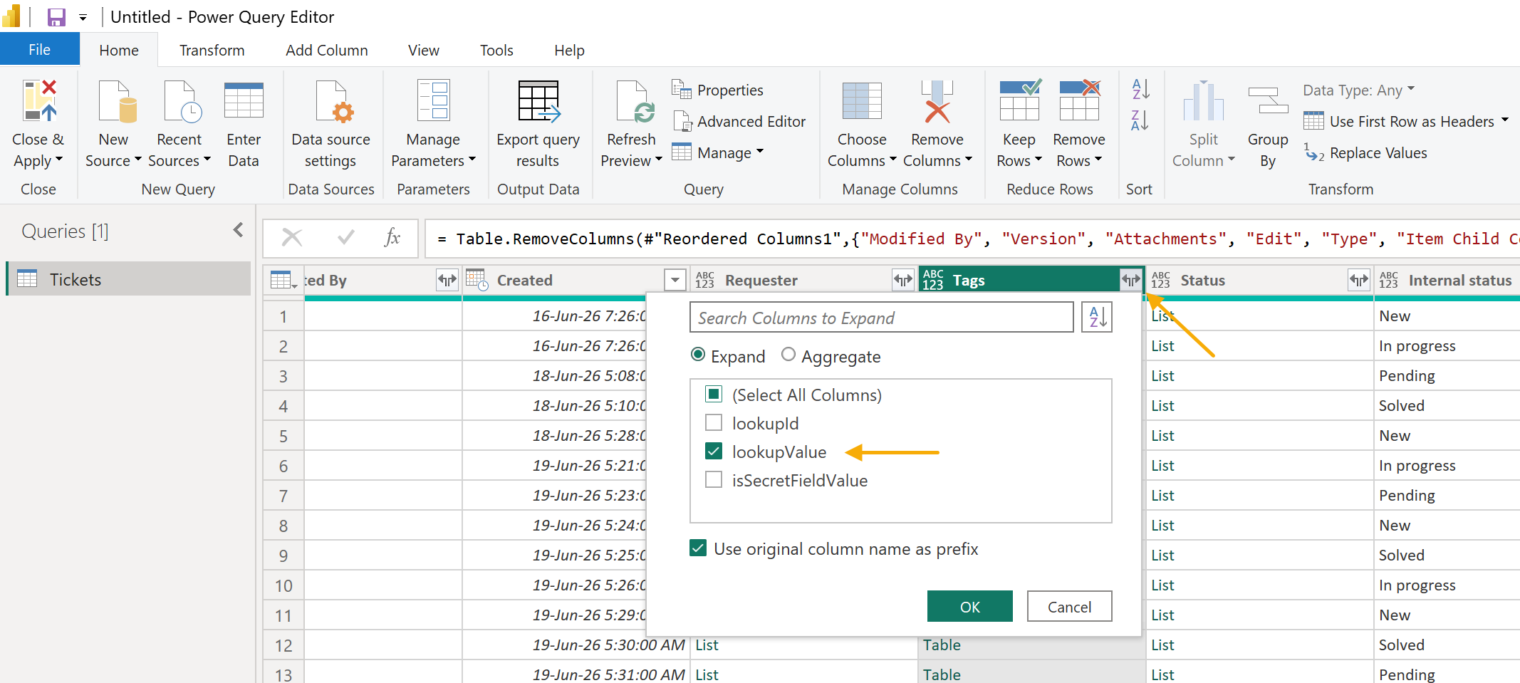 Expand Tags column in Power Query