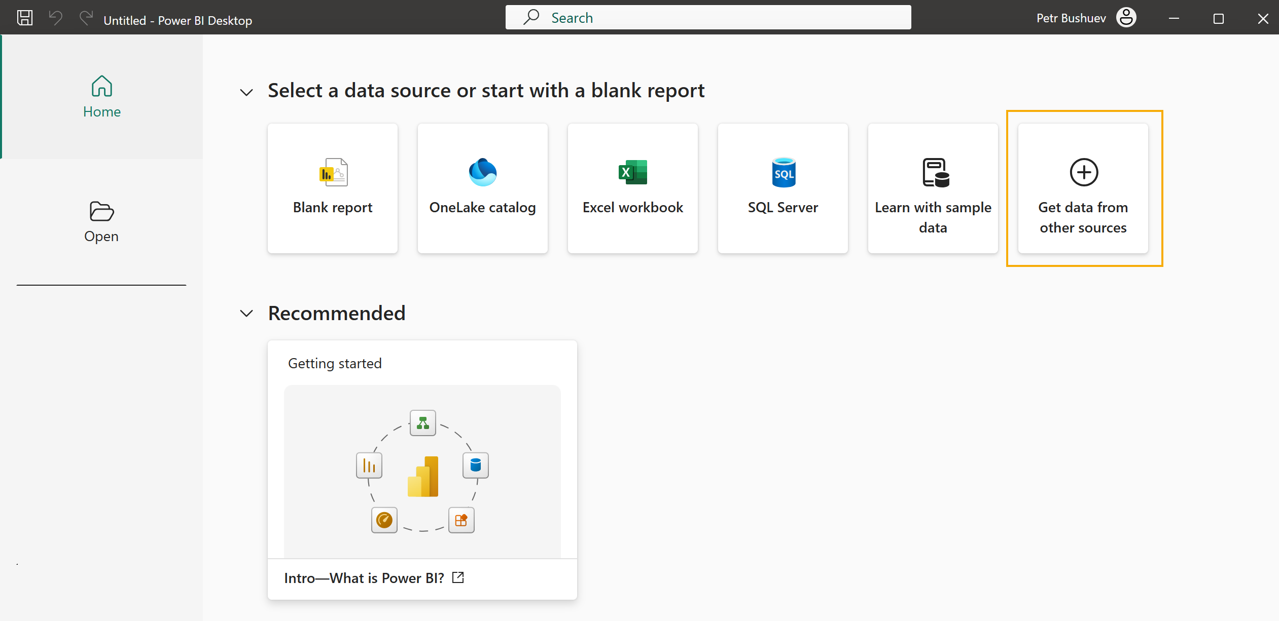Get data menu in Power BI Desktop