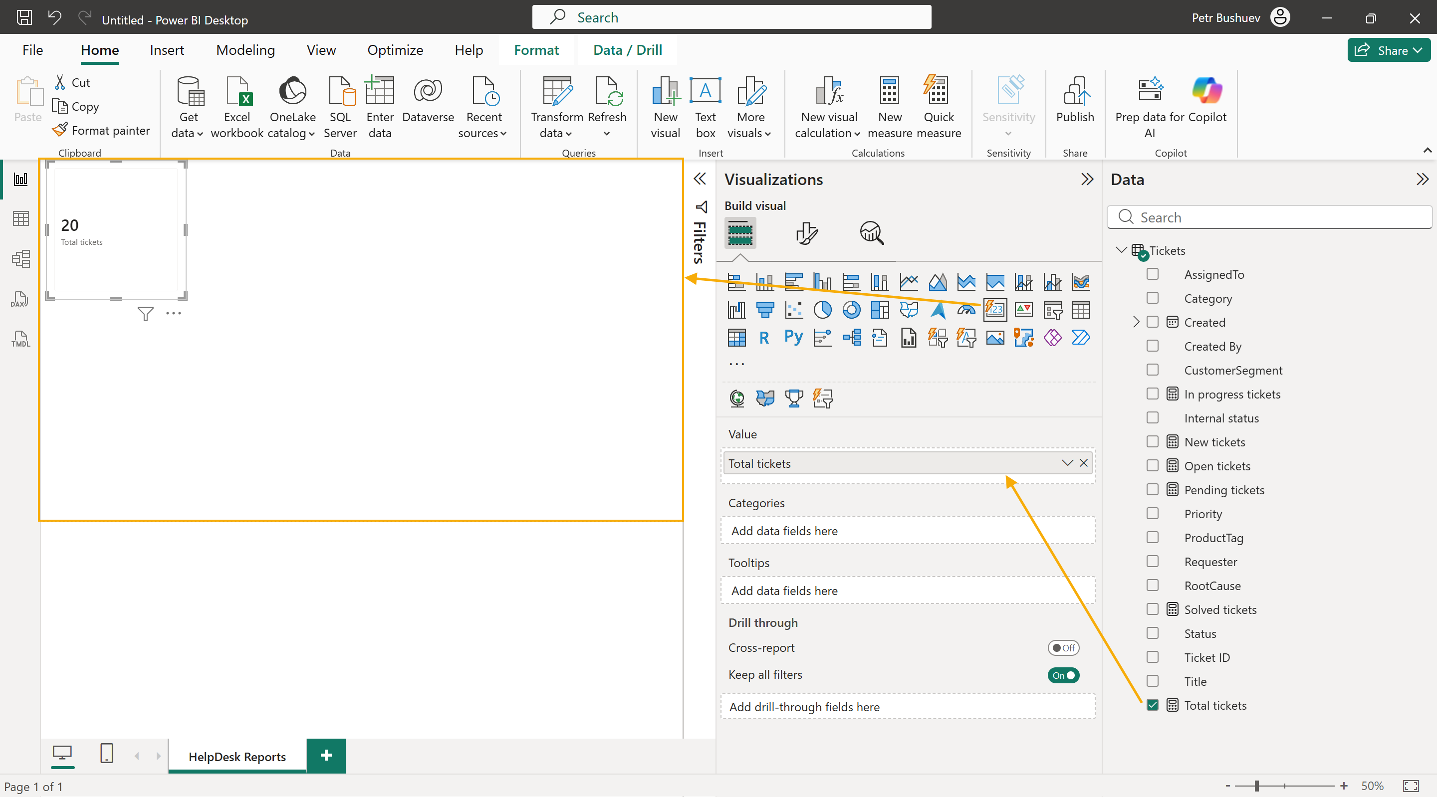 HelpDesk Reports page with a card visual in Power BI Desktop