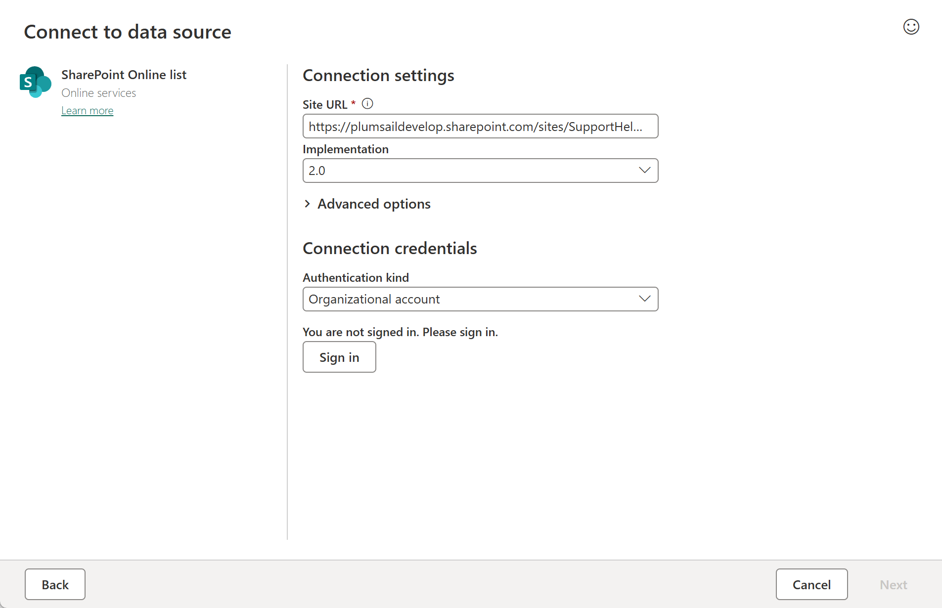 HelpDesk SharePoint site URL entered in Power BI Desktop