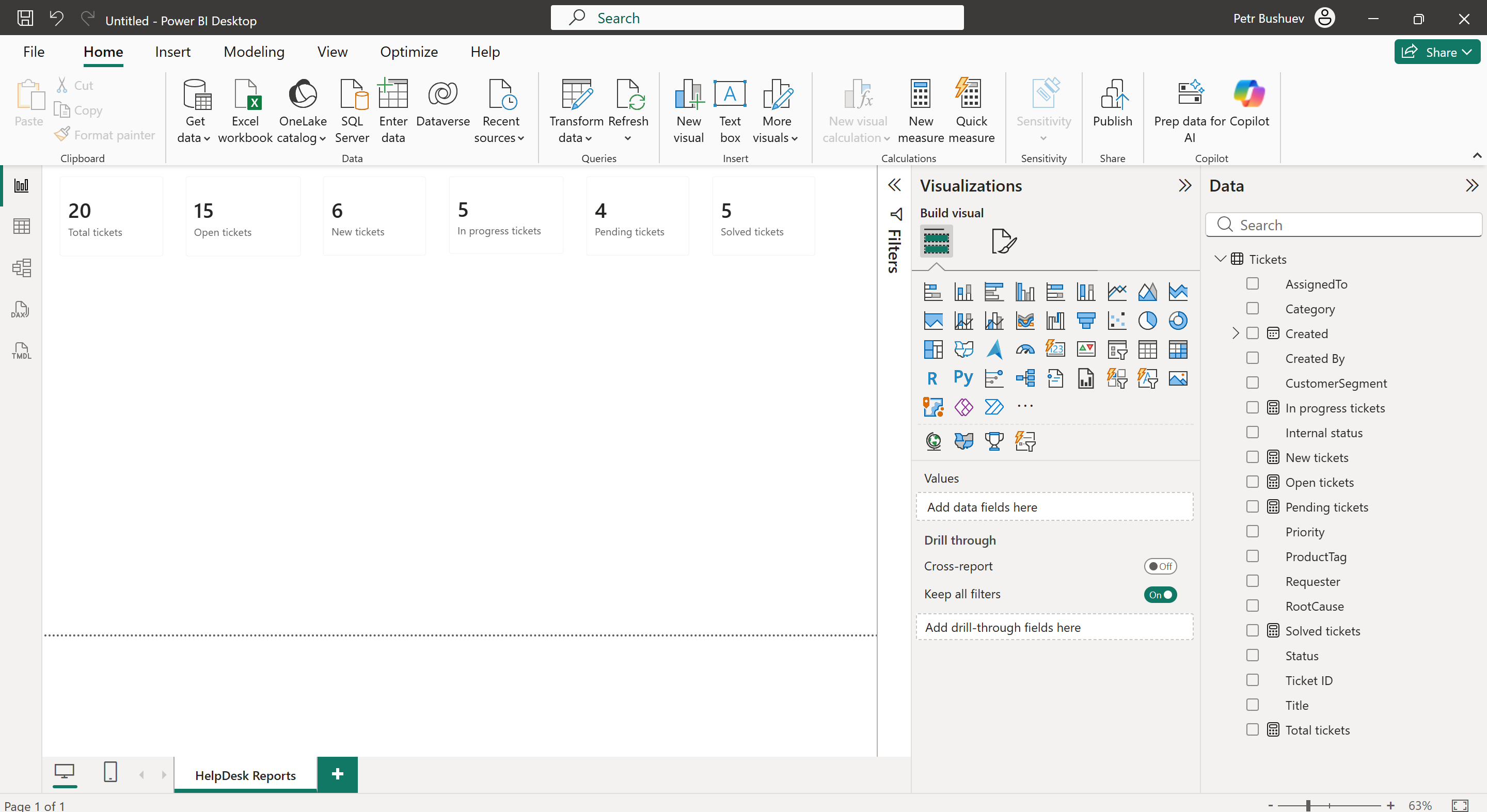 Power BI cards with HelpDesk ticket measures
