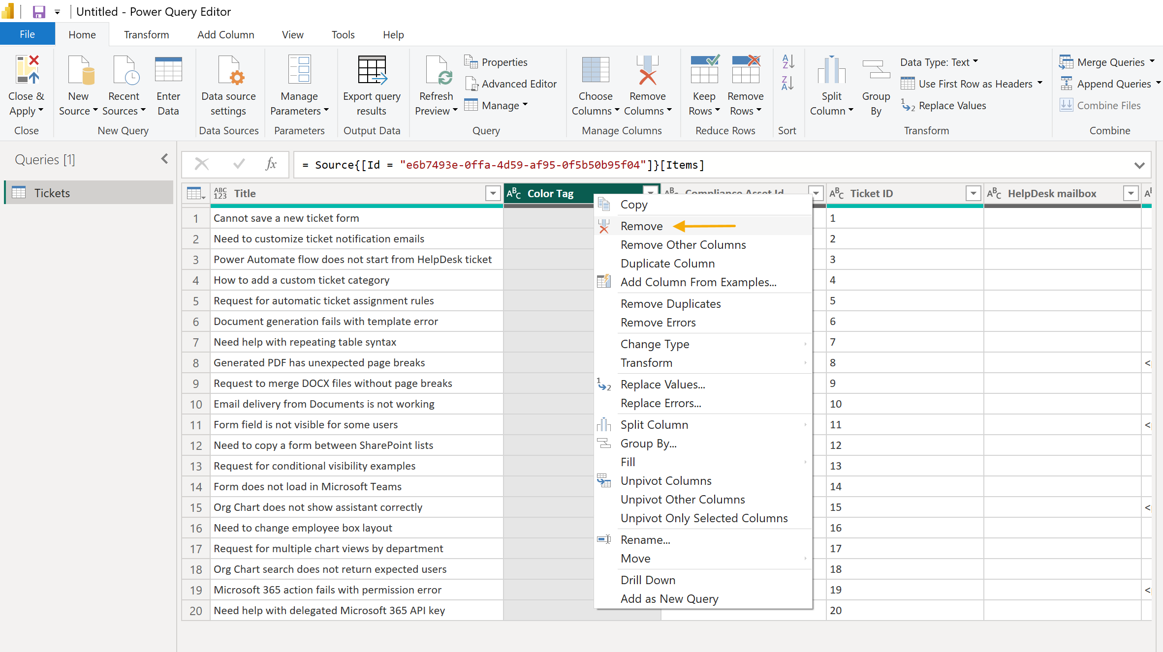 HelpDesk ticket data opened in Power Query