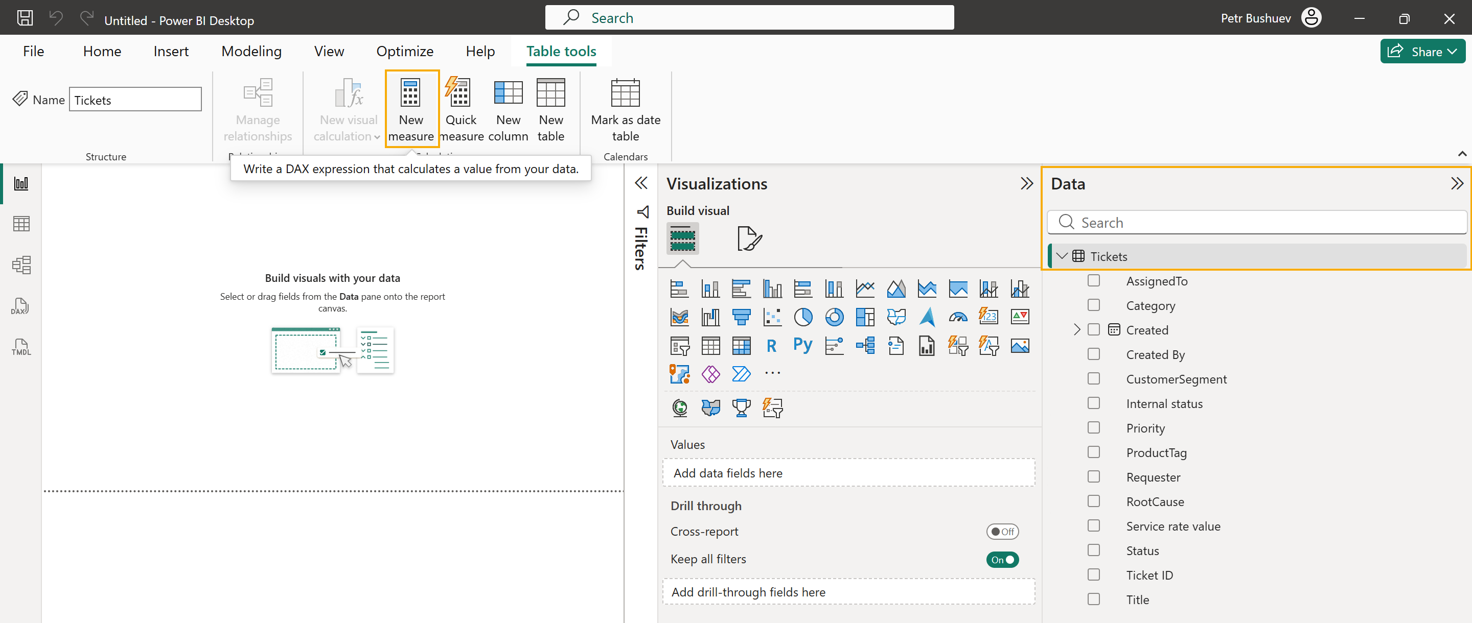 New measure button for the Tickets table in Power BI Desktop