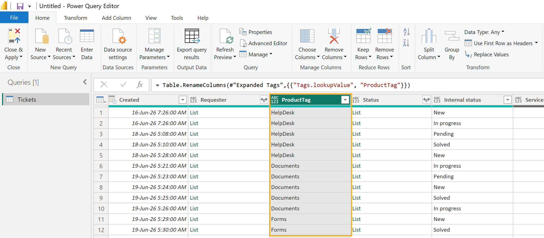 ProductTag column after expanding HelpDesk tags in Power Query
