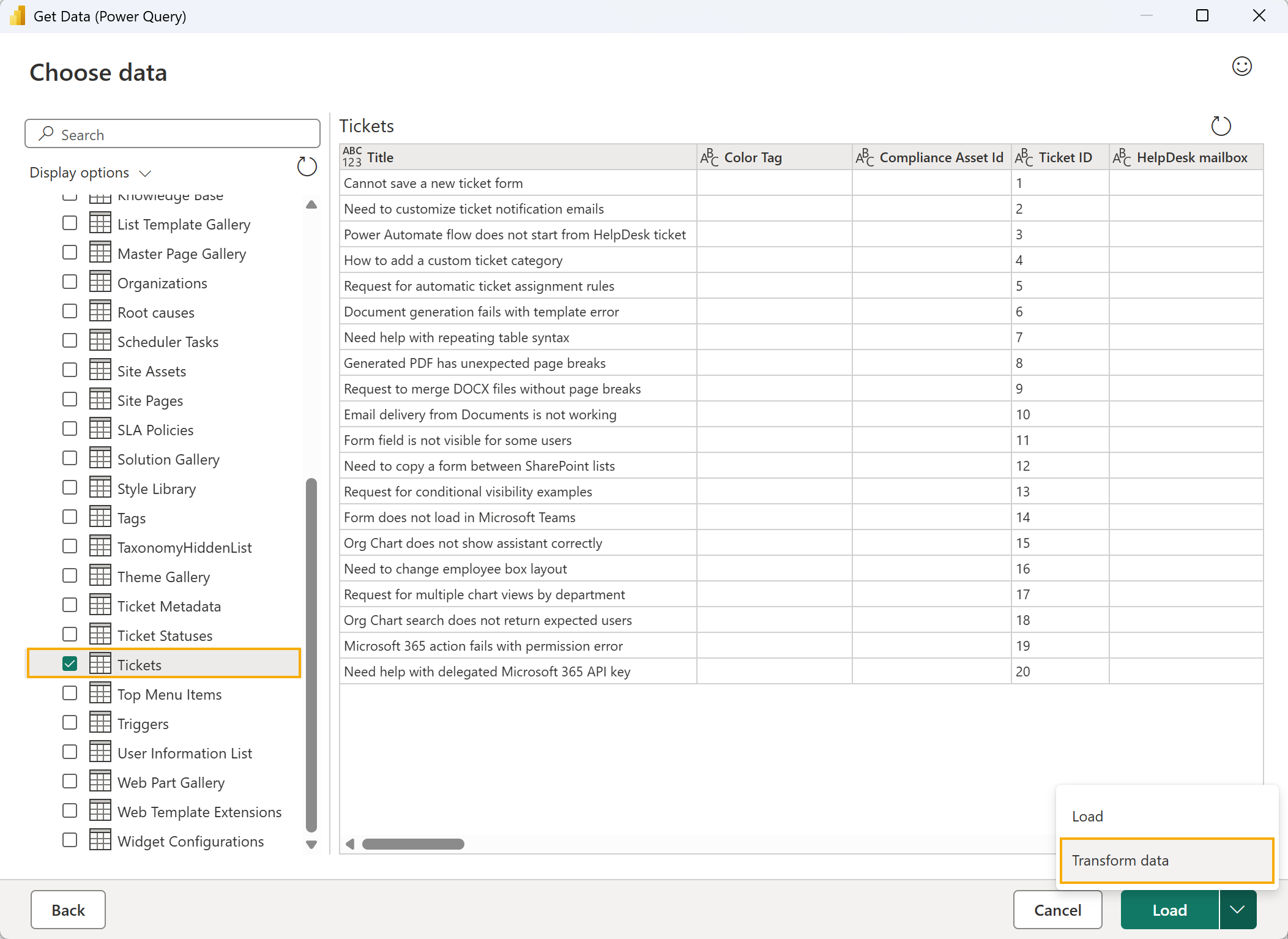 HelpDesk Tickets list selected in Power BI Navigator