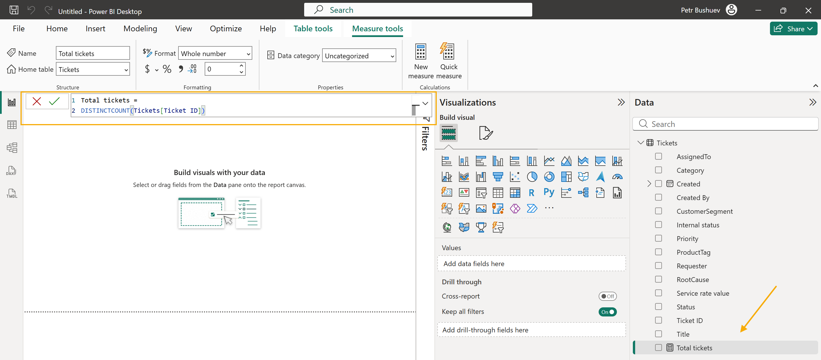 Total tickets measure formula in Power BI Desktop