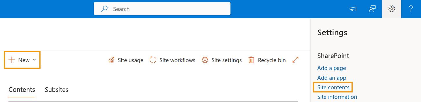 SharePoint Site contents page with the option to create a new list.