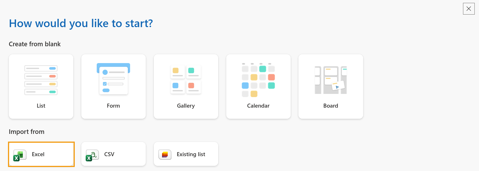 SharePoint wizard showing the available options for creating a new list.