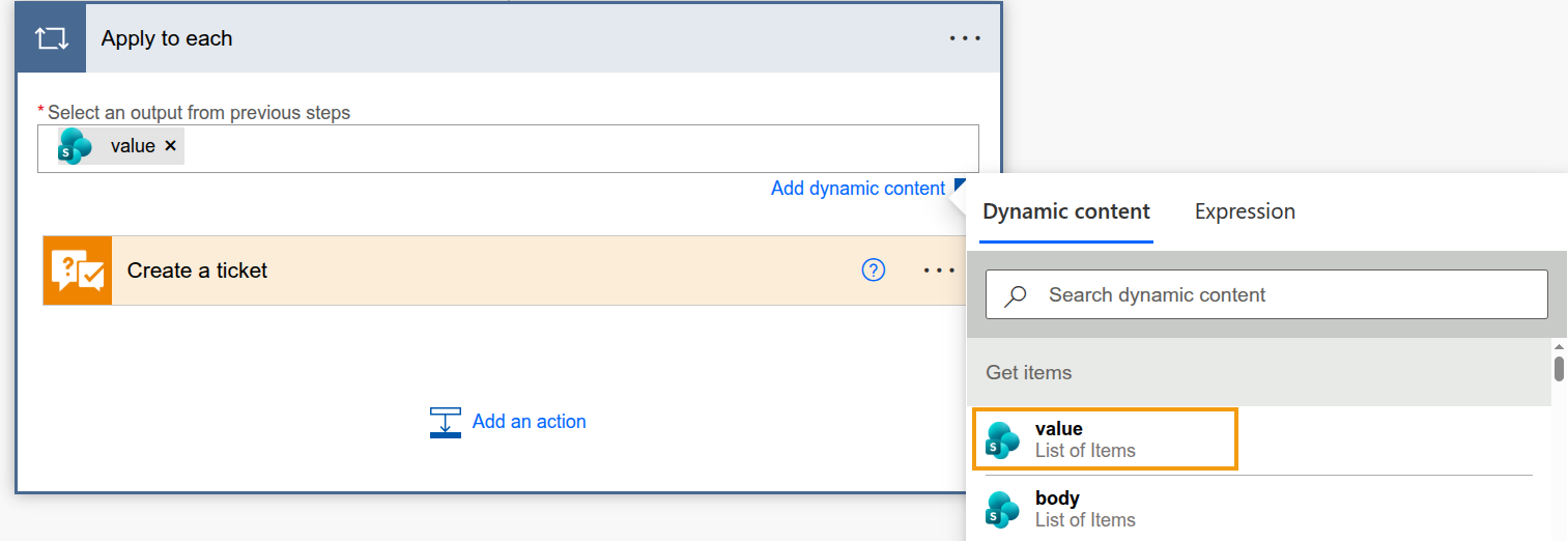 Apply to each action using the output of Get items.