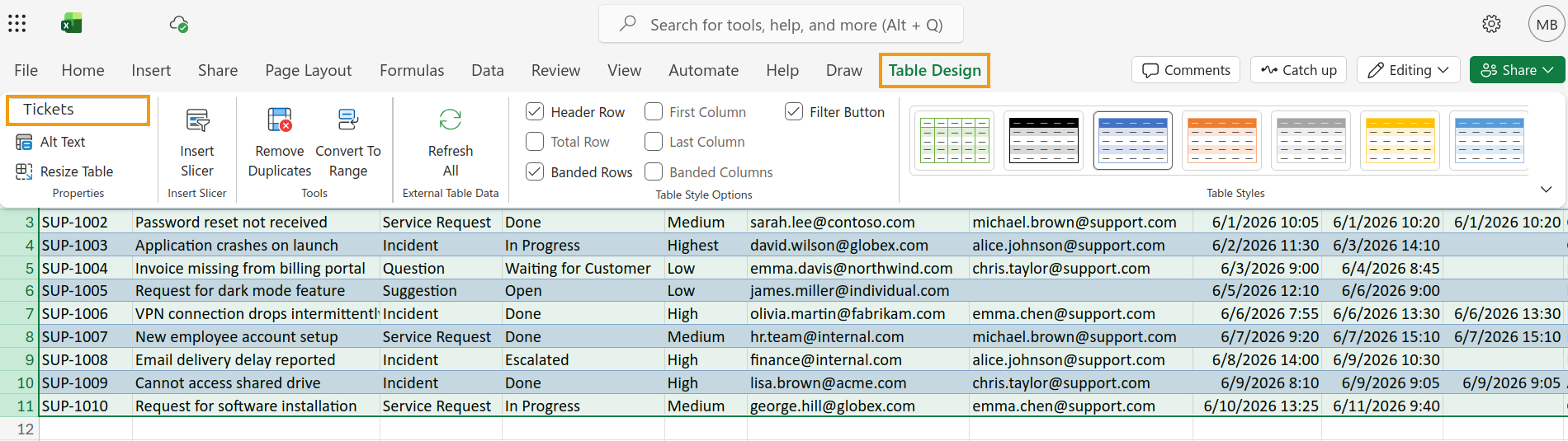 Excel table with the Table Design tab open and a custom table name entered.