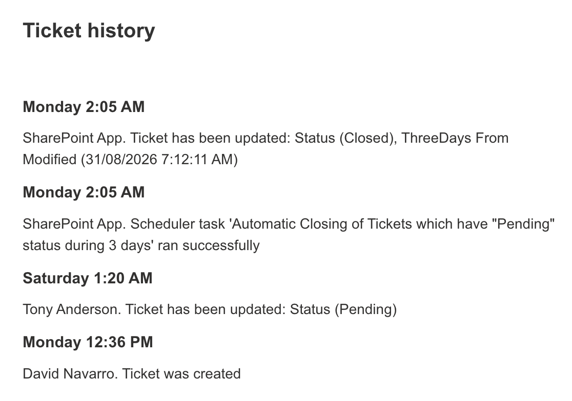 Ticket history showing scheduler run information