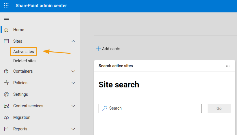 Active sites menu option