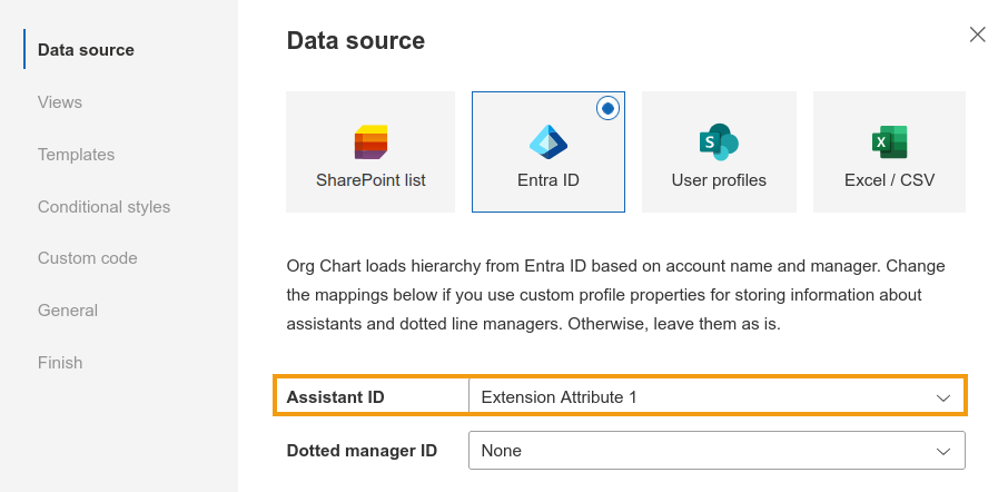 Org Chart mapping settings showing a custom Entra ID attribute selected for assistants