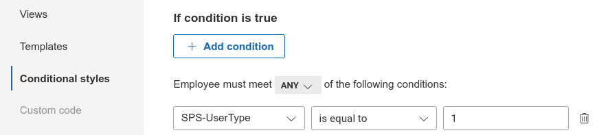 Conditional styles using a rule for external users in SharePoint user profiles