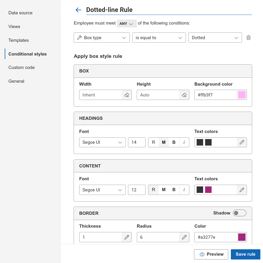 Create and configure conditional styles by box type