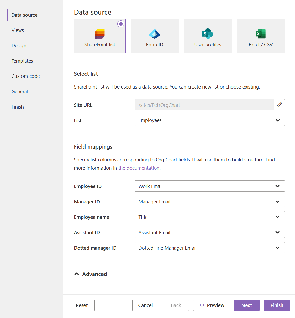 OrgChart configuration wizard
