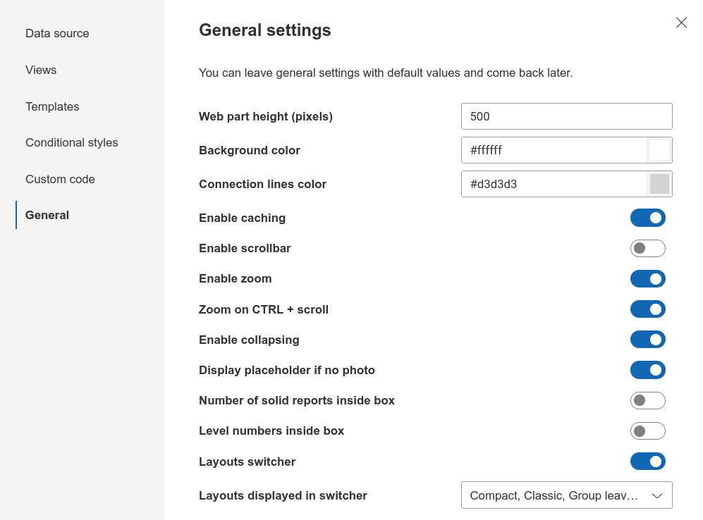 General settings overview in Org Chart configuration wizard