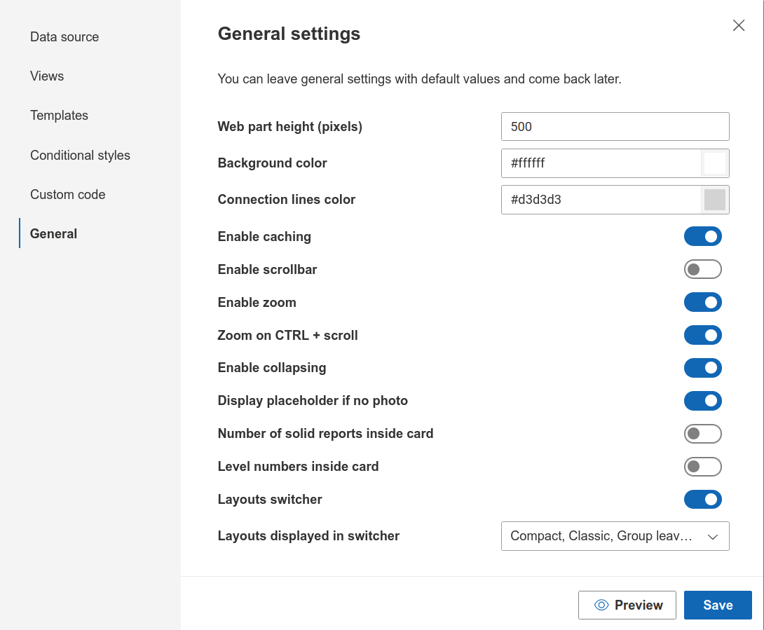 General settings overview in Org Chart configuration wizard