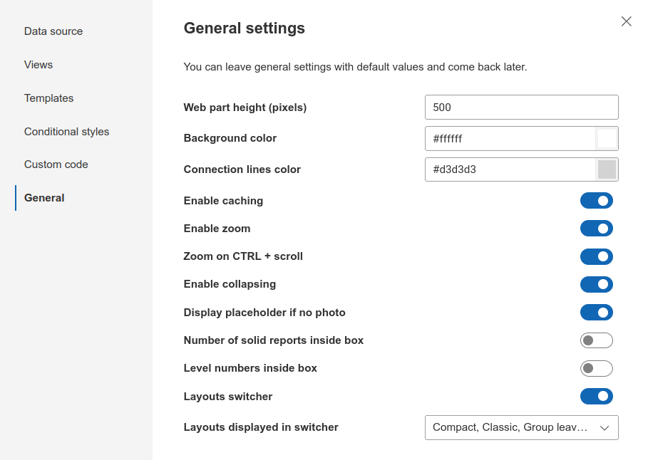 General settings overview in Org Chart configuration wizard