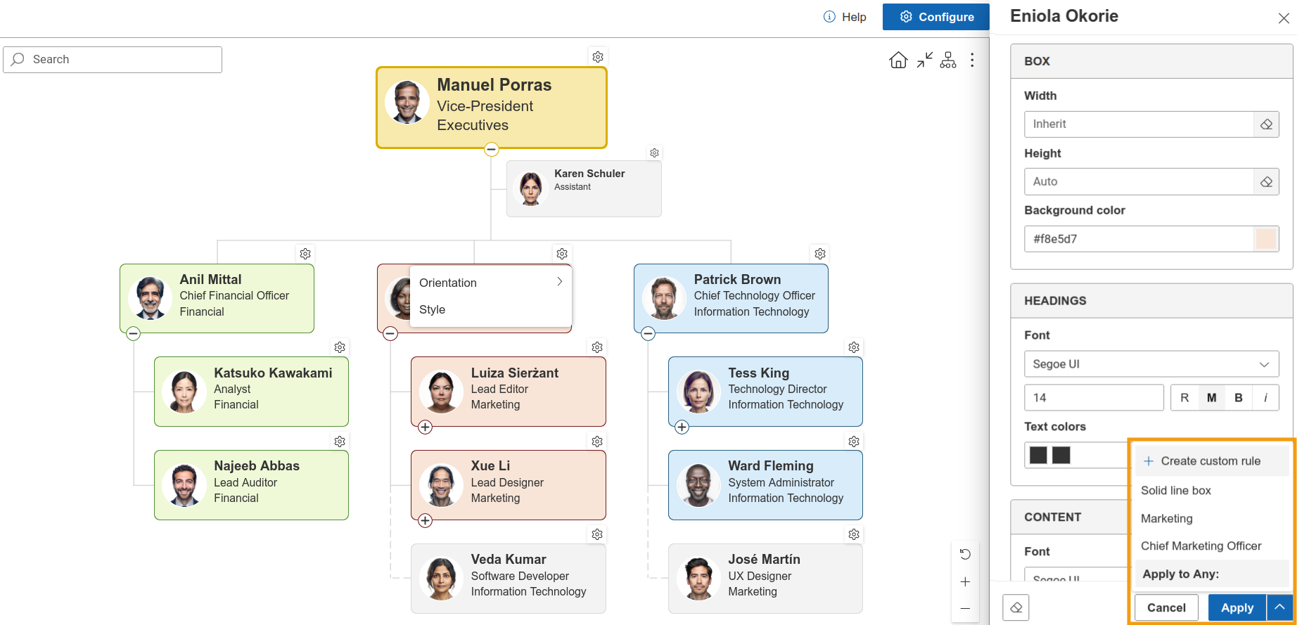 Apply style shortcuts for job title, department, and box type